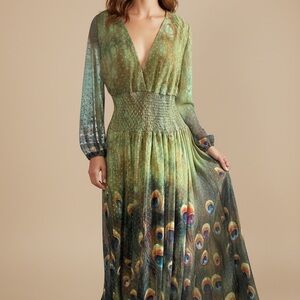 Gracia Womens Peacock Print V-Neck Maxi Chiffon Dress Green
